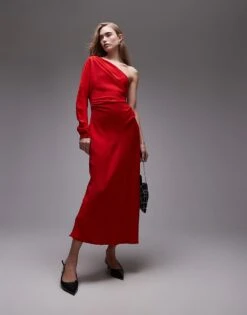 Mango Long Sleeve One Shoulder Maxi Dress In Red For Women