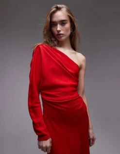 Mango Long Sleeve One Shoulder Maxi Dress In Red For Women -Mango Sales 208126299 4