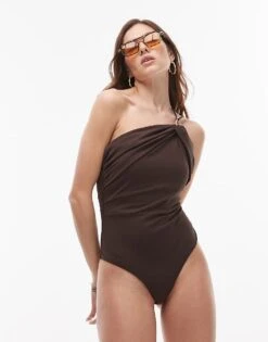 Mango Gold Ring Detail Ruched One Shoulder Swim Suit In Chocolate For Women Brown