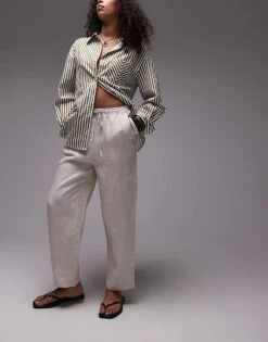 Mango Tie Waist Linen Trousers In Light Beige For Women -Mango Sales 208126552 3