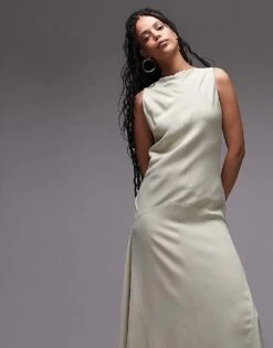 Mango Capsule Sleevless Dropped Waist Maxi Dress In Pale Green For Women