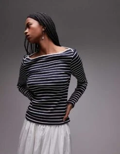 Mango Striped Boat Neck Long Sleeve T-shirt In Navy For Women -Mango Sales 208126623 1 navy 1