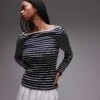 Mango Striped Boat Neck Long Sleeve T-shirt In Navy For Women