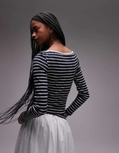 Mango Striped Boat Neck Long Sleeve T-shirt In Navy For Women -Mango Sales 208126623 4