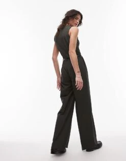Mango Belted Pinstripe Waistocoat Jumpsuit In Dark Green For Women -Mango Sales 208126791 3