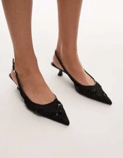 Mango Beaded Pointed Sling Back Kitten Heel In Black For Women
