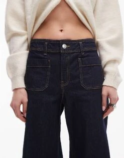 Mango Pocket Front Wide Leg Jeans In Dark Blue For Women -Mango Sales 208126855 5