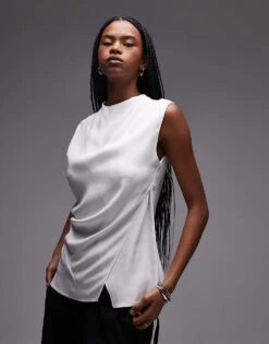 Mango Wrap Front Satin Sleeveless Top In White For Women