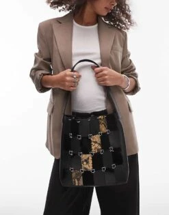 Mango Patch Work Leather Bag In Black For Women