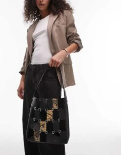 Mango Patch Work Leather Bag In Black For Women -Mango Sales 208126883 3