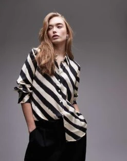Mango Satin Striped Shirt In White And Black For Women