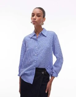 Mango Stripe Shirt In Mid Blue For Women Dark Blue -Mango Sales 208126939 1 darkblue 1