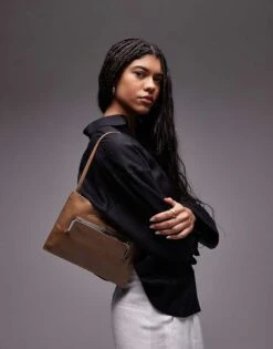 Mango Front Pocket Detail Shoulder Bag In Tan For Women