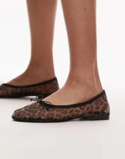 Mango Mesh Ballet Pumps In Leopard Print For Women Brown