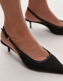 Mango Stud Detailed Pointed Slingback Kitten Heels In Black For Women -Mango Sales 208127066 3