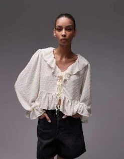 Mango Ruffle Tie Front Top In White For Women
