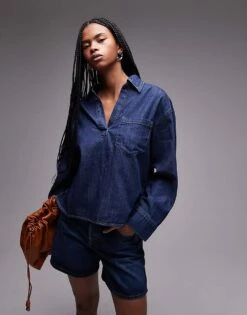 Mango Open Neck Denim Overshirt In Dark Blue For Women -Mango Sales 208127107 1 darkblue 1