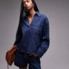 Mango Open Neck Denim Overshirt In Dark Blue For Women