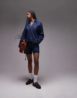 Mango Open Neck Denim Overshirt In Dark Blue For Women -Mango Sales 208127107 2