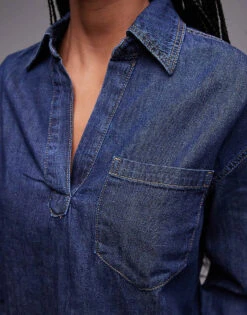 Mango Open Neck Denim Overshirt In Dark Blue For Women -Mango Sales 208127107 3