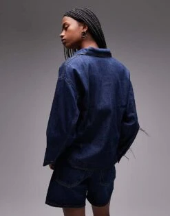 Mango Open Neck Denim Overshirt In Dark Blue For Women -Mango Sales 208127107 4