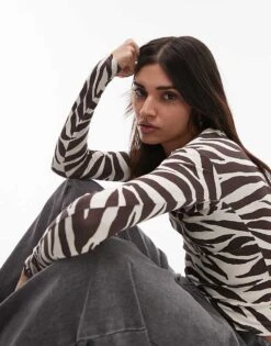 Mango Boat Neck Zebra Print Top In White And Brown For Women -Mango Sales 208147648 3