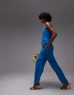 Mango Linen Mix Straight Leg Trouser Co-ord In Blue For Women -Mango Sales 208339632 1 blue 1