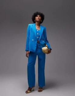 Mango Linen Mix Blazer Co-ord In Blue For Women
