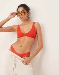 Mango Textured Bikini Top In Red For Women
