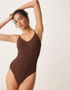 Mango Tie Back Textured Swimsuit In Chocolate For Women