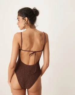 Mango Tie Back Textured Swimsuit In Chocolate For Women -Mango Sales 208339722 3