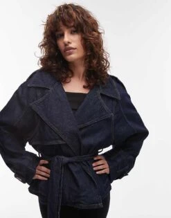 Mango Cropped Dark Denim Trench In Blue For Women