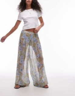Mango Volume Blown Out Floral Trousers In Pale Blue For Women