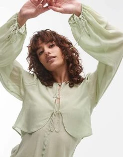 Mango Tie Front Cape Layer Top In Pale Green For Women -Mango Sales 208346018 1 palegreen 1