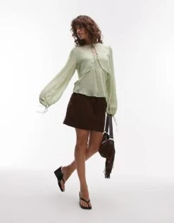 Mango Tie Front Cape Layer Top In Pale Green For Women -Mango Sales 208346018 3