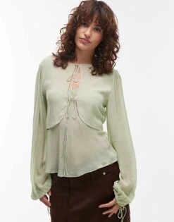 Mango Tie Front Cape Layer Top In Pale Green For Women -Mango Sales 208346018 4
