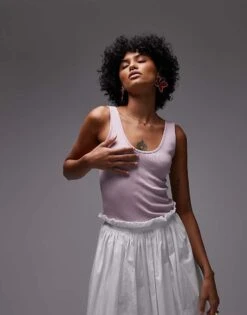 Mango Ribbed Scoop Neck Vest In Dusty Pink For Women -Mango Sales 208346073 4