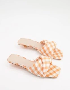 Mango Kitten Heel Gingham Mule In Orange For Women