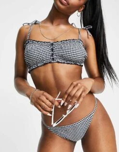 Mango Gingham Bikini Top With Buttons In Navy For Women Blue -Mango Sales 23943197 1 blue 1