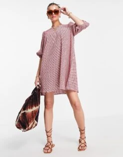 Mango Gingham Smock Dress With Puff Sleeves In Red For Women