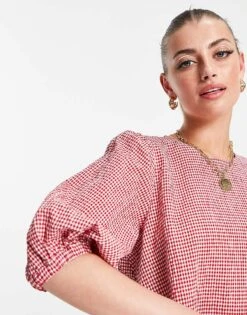 Mango Gingham Smock Dress With Puff Sleeves In Red For Women -Mango Sales 24075201 3